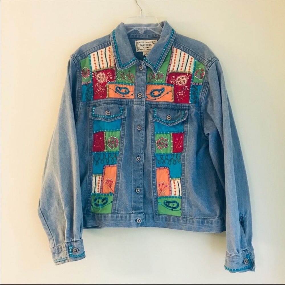 Vintage Ladies Patchwork Quilt Sequin Jean Jacket